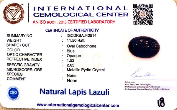 Natural Lapis Lazuli | Oval Cabochon | Rich Blue with Pyrite Flecks | IGC Certified Certificate No.: IGCDKBAJ42514 image 2