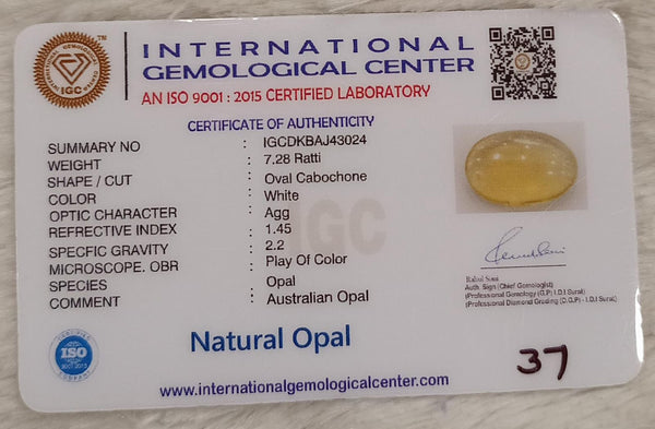 Natural White Opal 7.28 Ratti| Oval Cabochone | Certified No. IGCDKBAJ43024 image 2