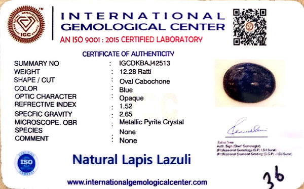 Natural Lapis Lazuli | Oval Cabochon | Deep Blue with Pyrite | IGC CertifiedCertificate No.: IGCDKBAJ42513 image 2