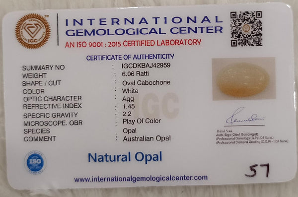 Natural White Opal 6.06Ratti| Oval Cabochone | Certified No. IGCDKBAJ42959 image 2