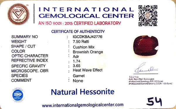 Natural Hessonite (Gomed) | Cushion Mix Cut | IGC Certified Certificate No.: IGCDKBAJ42776 image 2