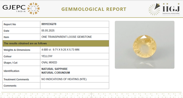 Natural Yellow Sapphire |Govt. Lab Certified | Untreated Oval Cut | Report No. 8891D36278 image 1