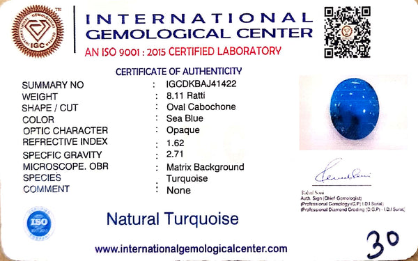 Natural Turquoise | Oval Cabochon | Sea Blue | IGC Certified Certification: IGC (IGCDKBAJ41422) image 1