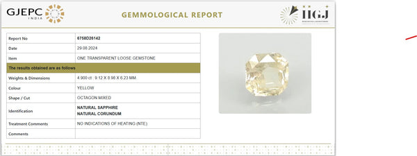 Certified Natural Yellow Sapphire (Pukhraj) – 4.90 Carat / 5.44 Ratti | Untreated | Octagon Mixed Cut | GJEPC IGJ Certified | 6758D26142 image 1