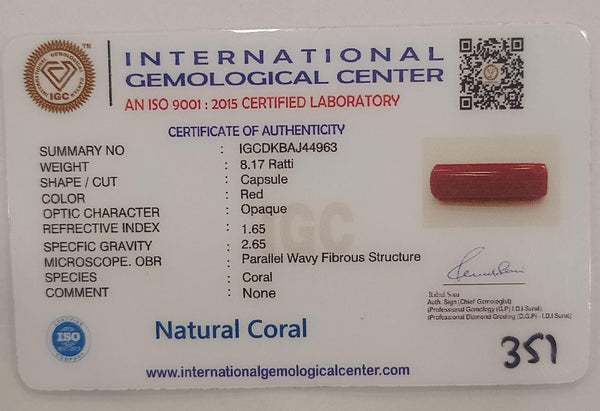 Natural Red Coral | Certified |Capsule Cut Gemstone Summary No. IGCDKBAJ44963 image 2