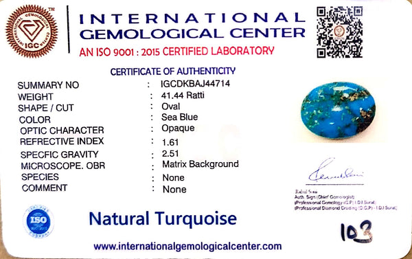 Natural Turquoise | IGC Certified | Oval | Matrix Sea BlueCertification Number: IGCDKBAJ44714 image 2