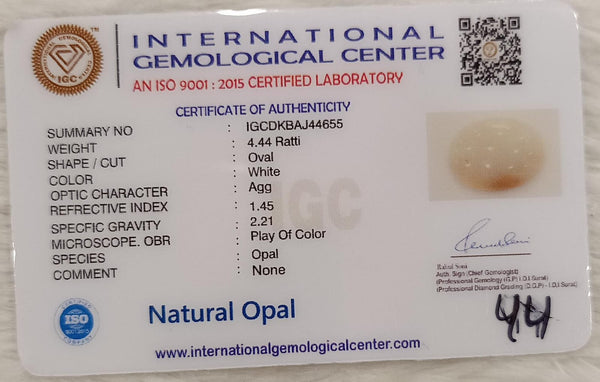 Natural White Opal 4.44 Ratti| Oval | Certified No. IGCDKBAJ44655 image 2
