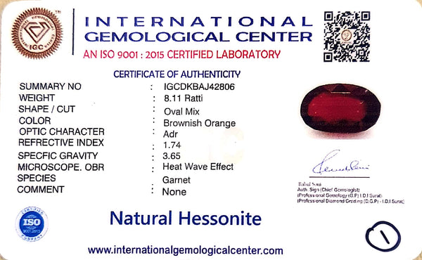 Natural Hessonite (Gomed) | Oval Mix Cut | IGC Certified Certificate No.: IGCDKBAJ42806 image 2