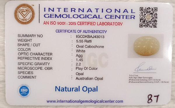 Natural White Opal 5.55Ratti| Oval Cabochone| Certified No. IGCDKBAJ43013 image 2