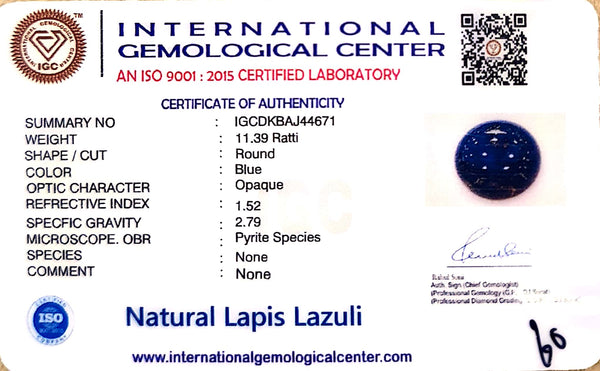 Natural Lapis Lazuli | Round Shape | IGC Certified Certificate No.: IGCDKBAJ44671 image 2