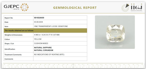 Certified Natural Yellow Sapphire (Pukhraj) – 4.96 Carat / 5.51 Ratti | Untreated | Cushion Mixed Cut | GJEPC IGJ Certified | Report No. 6810D26559 image 1