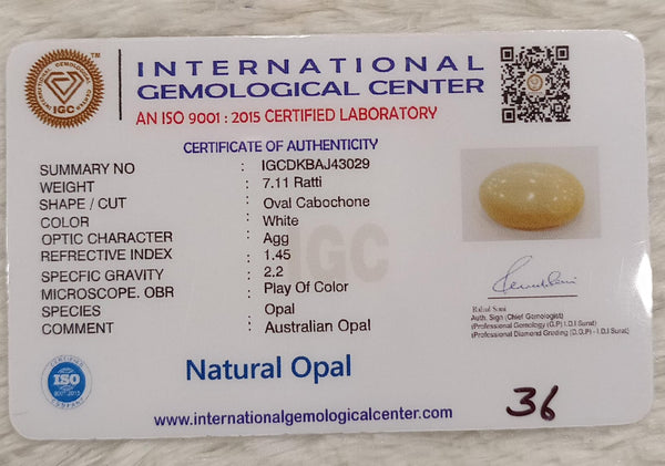 Natural White Opal 7.11 Ratti| Oval Cabochone | Certified No. IGCDKBAJ43029 image 2