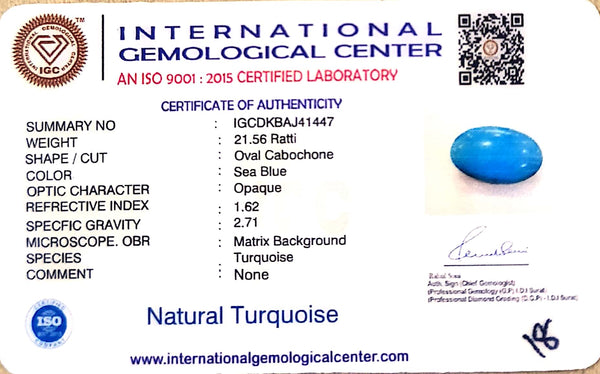 Natural Turquoise | IGC Certified | Oval Cabochon | Sea Blue Certification Number: IGCDKBAJ41447 image 1