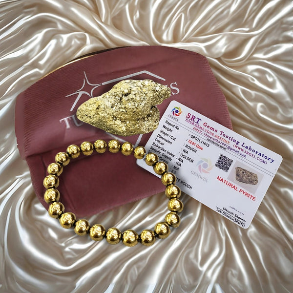 Abundance Combo – Real Peru Pyrite Stone (70-80g) & Golden Pyrite Bracelet Certified – Attracts Wealth, Business Luck & Success – Reiki Healing, Vastu, Gifts for Prosperity & Confidence, Rakhi Gift image 1