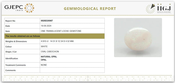 Natural White Opal 5.46 Ratti | Govt. Lab Certified | Untreated Oval CabochonNo.: 6926D26987 image 1