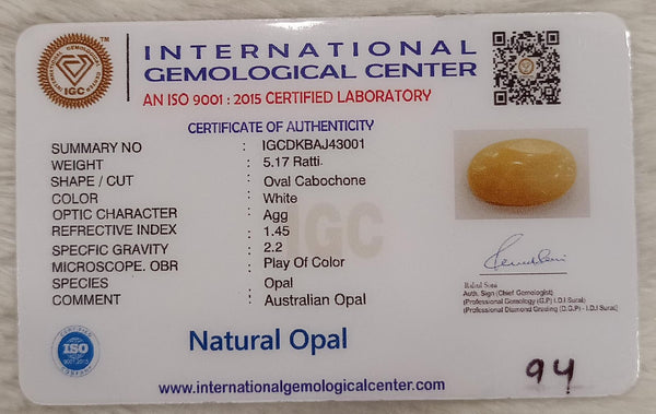 Natural White Opal 5.17Ratti| Oval Cabochone | Certified No. IGCDKBAJ43001 image 2