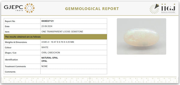 Natural White Opal 5.15 Ratti | Govt. Lab Certified | Transparent | Oval Cabochon | UntreatedNo. 6938D27121 image 1