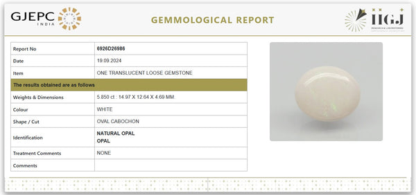 Natural White Opal 6.51 Ratti | Govt. Lab Certified | Untreated Oval Cabochon No.: 6926D26986 image 1