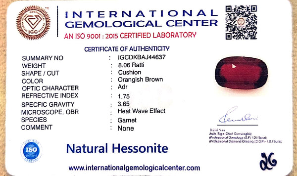 Natural Hessonite Garnet | Cushion Cut | Orangish Brown Certificate No.: IGCDKBAJ44637 image 2