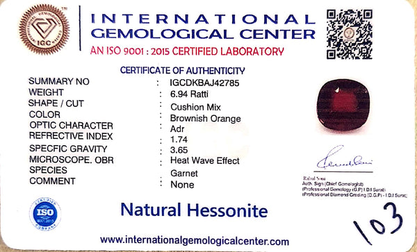 Natural Hessonite Garnet | Certified Cushion Cut | Brownish Orange Certificate No.: IGCDKBAJ42785 image 2