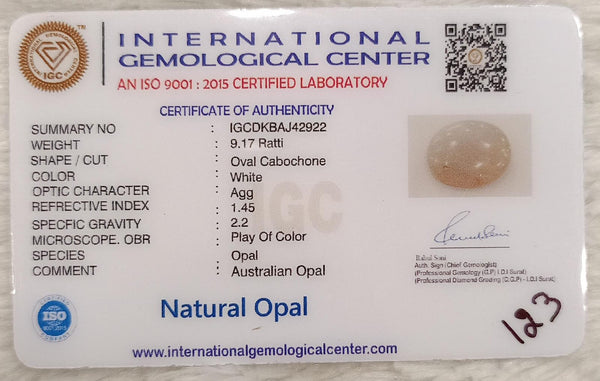 Natural White Opal 9.17 Ratti| Oval Cabochone| Certified No. IGCDKBAJ42922 image 2