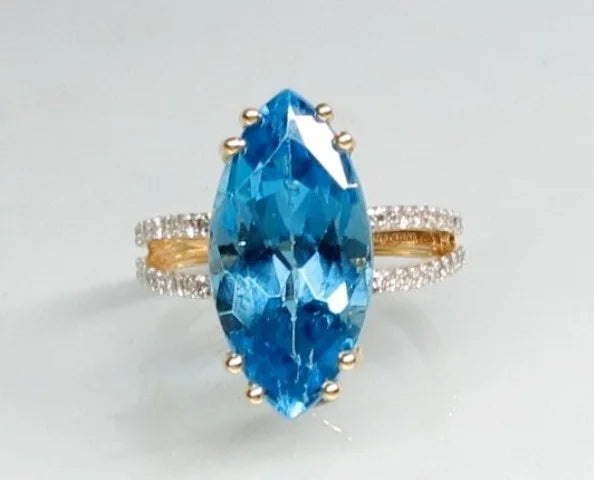 Stunning Natural Blue Topaz in Marquise Shape with Diamonds in 14K Gold Ring image 0
