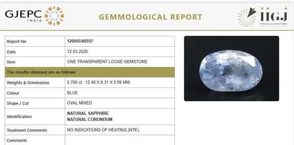 Natural Blue Sapphire|KB 70K00| Govt. Lab Certified |12000D48557