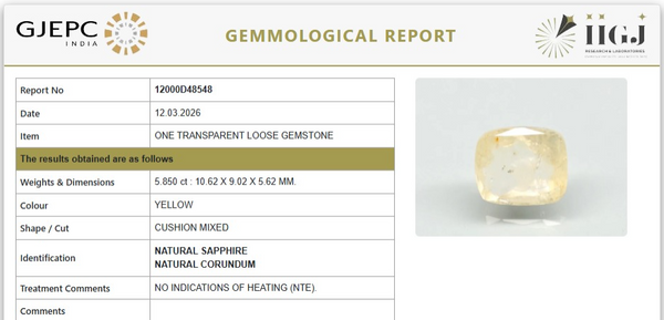 Natural Yellow Sapphire |KB 055.0|Cushion Mixed | Transparent | Govt. Lab Certified | Report No.12000D48548