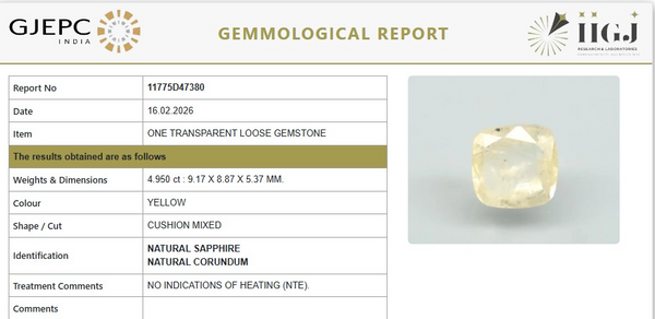 Natural Yellow Sapphire |KB 62k00|Cushion Mixed | Transparent | Govt. Lab Certified | Report No.11775D47380
