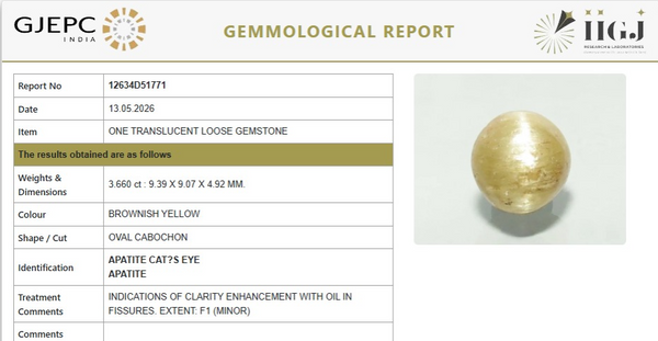 Natural Cats Eye |12H50| Govt. Lab Certified | OVAL CABOCHON | Report No- 12634D51771