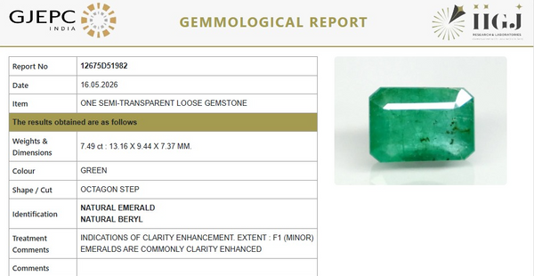 Natural Emerald |25K00| Govt. Lab Certified | OCTAGON STEP | Report No- 12675D51982