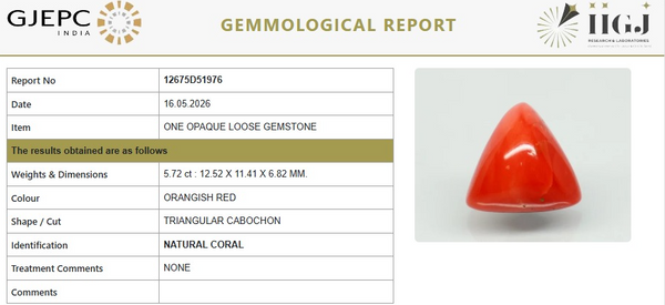 Natural Red Italian Coral |7H50| Triangular Cabochon | Govt. Lab Certified | Report No. 12675D51976