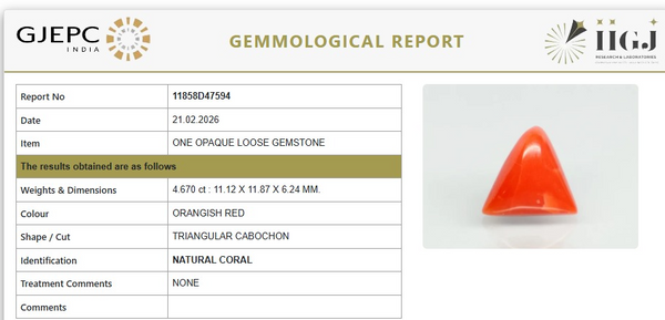 Natural Red Italian Coral |7H50| Triangular Cabochon | Govt. Lab Certified | Report No. 11858D47594