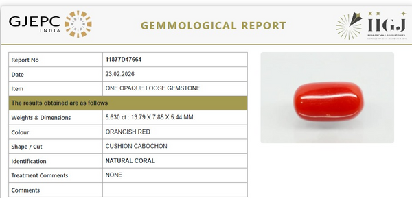 Natural Red Italian Coral |5H50| Cushion Cabochon | Govt. Lab Certified | Report No. 11877D47664