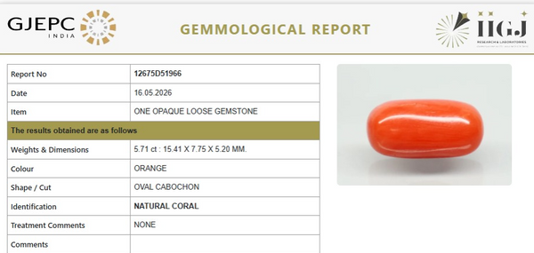 Natural Red Italian Coral |5H50| Oval Cabochon | Govt. Lab Certified | Report No. 12675D51966