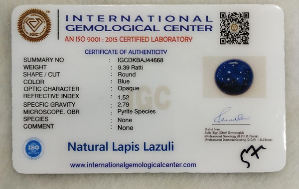 IGC certificate of authenticity IGCDKBAJ44668 - Natural Lapis Lazuli 9.39 Ratti Round