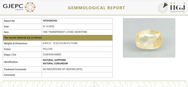 Natural Yellow Sapphire | CushionMixed Cut | Transparent | Govt. Lab Certified | Report No. 10701D43163
