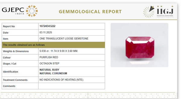Natural Ruby | Octagon Cut | Untreated | Govt. Lab Certified | 10724D43222