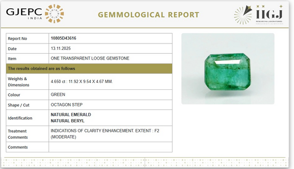 Natural Emerald | Govt. Lab Certified | Octagon Step Report No- 10805D43616