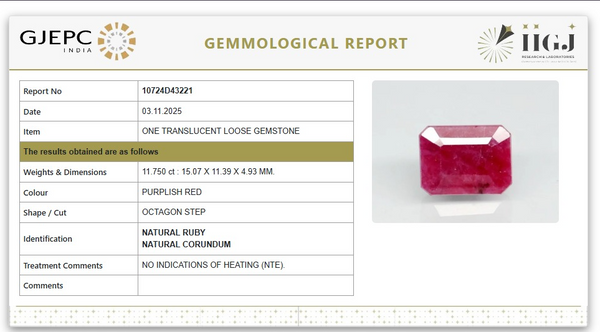 Natural Ruby | Octagon Cut | Untreated | Govt. Lab Certified | 10724D43221