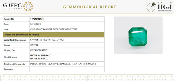Natural Emerald | Govt. Lab Certified | OctagonCut Report No- 10701D43175