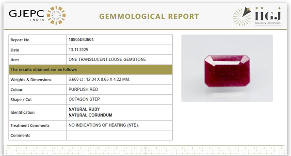 Natural Ruby | Octagon Step | Untreated | Govt. Lab Certified | 10805D43604