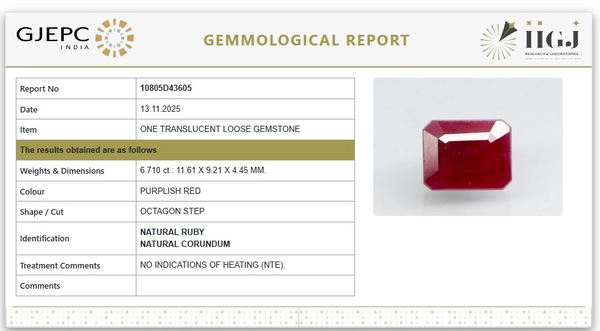 Natural Ruby | Octagon Step | Untreated | Govt. Lab Certified | 10805D43605