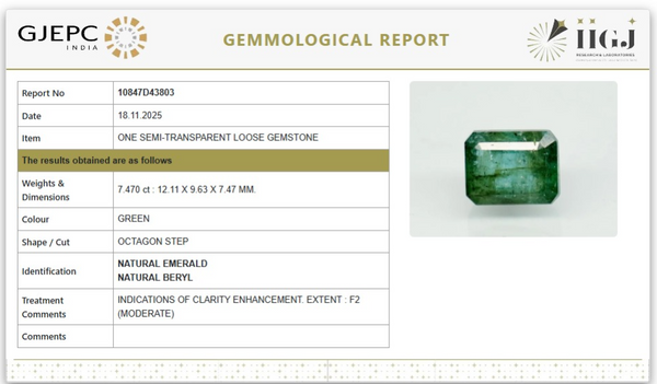 Natural Emerald |KB 55H00| Govt. Lab Certified | Octagon StepReport No- 10847D43803