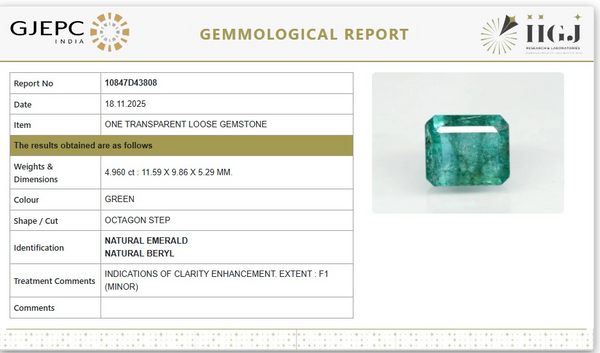Natural Emerald | 42H00| Govt. Lab Certified | Octagon Step Report No- 10847D43808