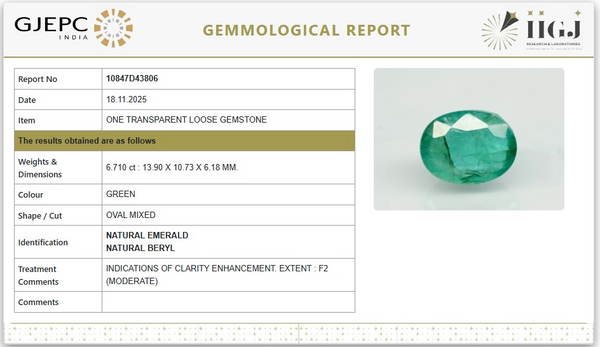 Natural Emerald | Govt. Lab Certified |Oval Mixed Report No- 10847D43806