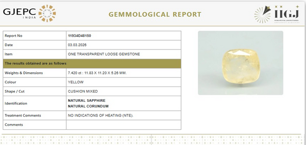 Natural Yellow Sapphire |KB 120H00| CushionMixed | Transparent | Govt. Lab Certified | Report No. 11934D48150