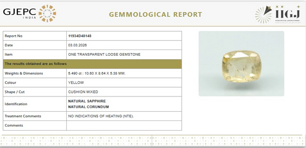 Natural Yellow Sapphire |KB 65K00| CushionMixed | Transparent | Govt. Lab Certified | Report No. 11934D48148