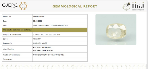 Natural Yellow Sapphire |KB 62P00| CushionMixed | Transparent | Govt. Lab Certified | Report No. 11934D48159
