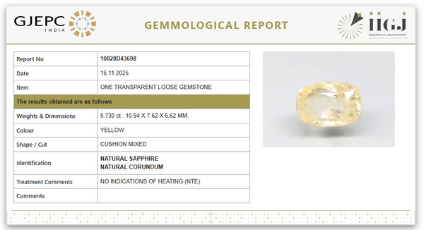 Natural Yellow Sapphire | CushionMixed Cut | Transparent | Govt. Lab Certified | Report No. 10828D43698